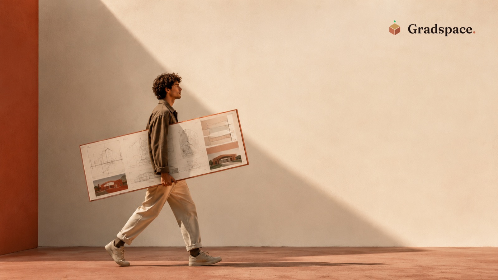 A graduate carrying their portfolio